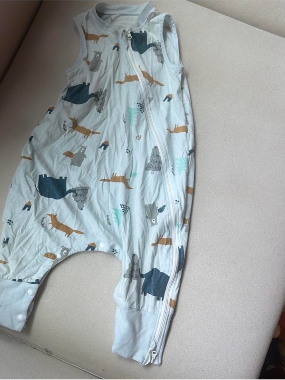 Baby Sleeveless sleepsuit Zip Romper in Light Blue with Woodland Animal Print
